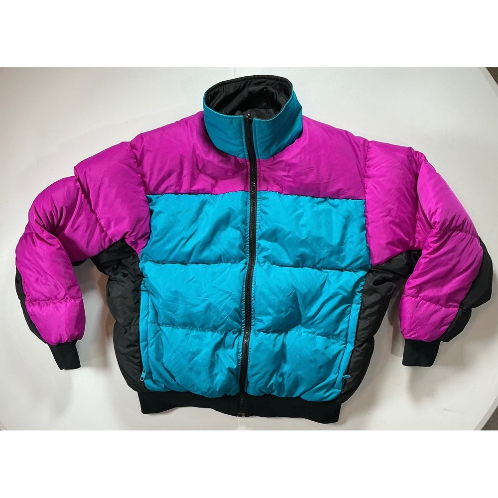VTG Y2K Columbia Puffer Jacket Women L Color Block Down Pink Teal Black Neon